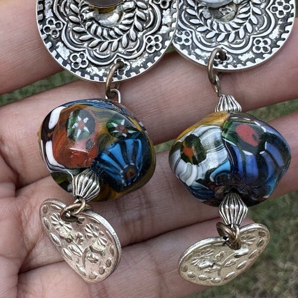 VTG Dangle Drop Earrings‎ Heart Medallion Glass Beads Multicolor Floral 2.5" - Picture 6 of 7